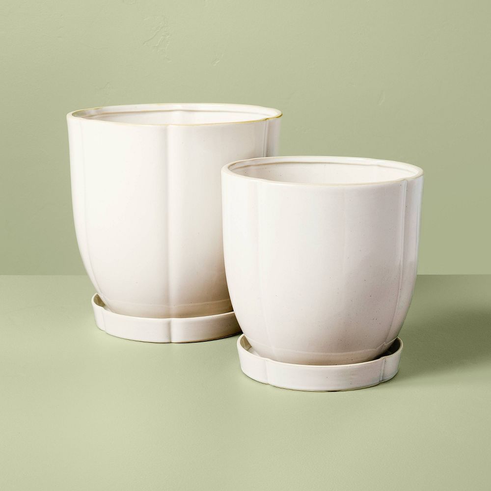 9.5" Stoneware Indoor/Outdoor Planter Pot with Saucer Cream - Hearth & Hand (4)