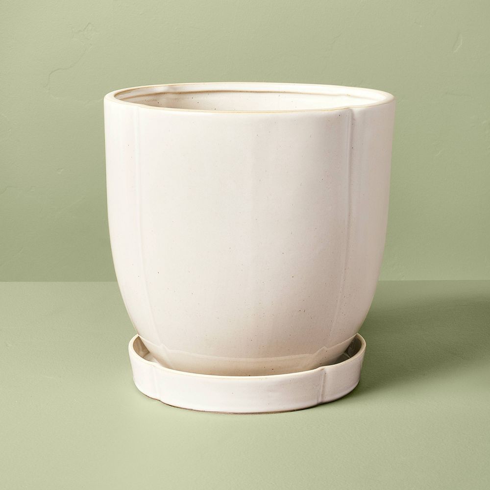 9.5" Stoneware Indoor/Outdoor Planter Pot with Saucer Cream - Hearth & Hand (1)